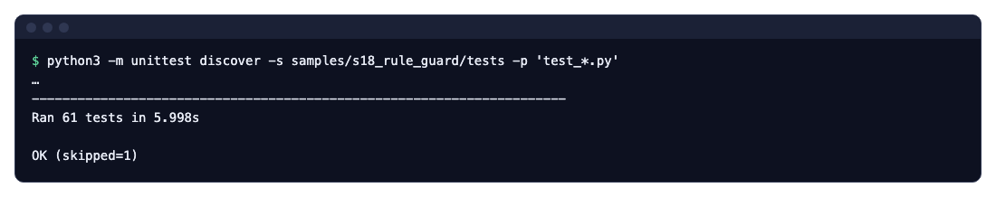 The S18 tests run on a laptop: 61 tests, OK, one of them skipped