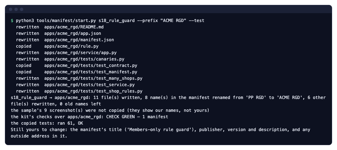 start.py copies S18 to apps/acme_rgd under the prefix ACME RGD, renames 8 names in the manifest, the kit's checks are green and the 61 copied tests pass