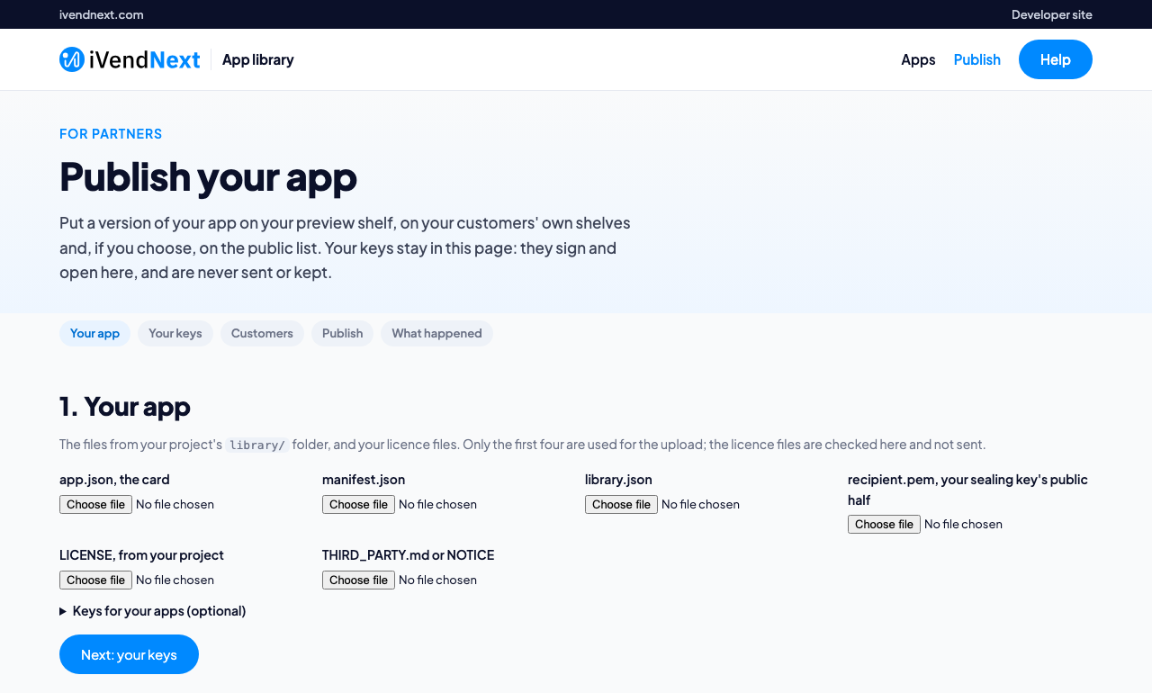 The App library's Publish page, step 1 of 5: your app's files from your project's library folder