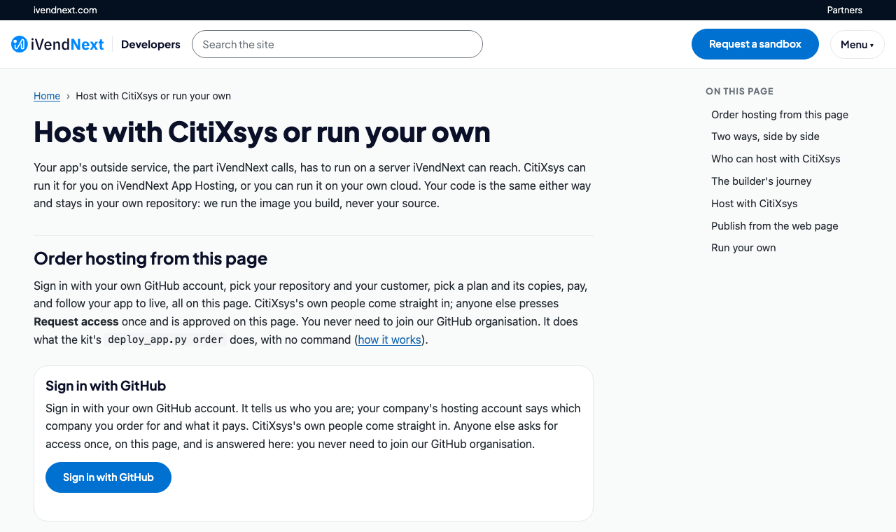 The developer site's hosting page: order hosting from this page, signed in with GitHub