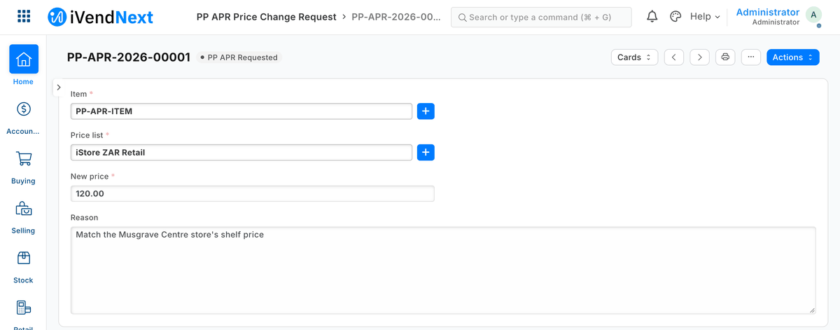 A price-change request moving Requested, Approved, Applied, and the price row it changed
