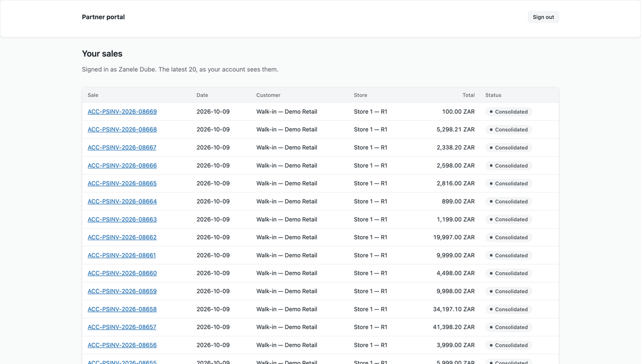 A partner's portal listing the retailer's sales
