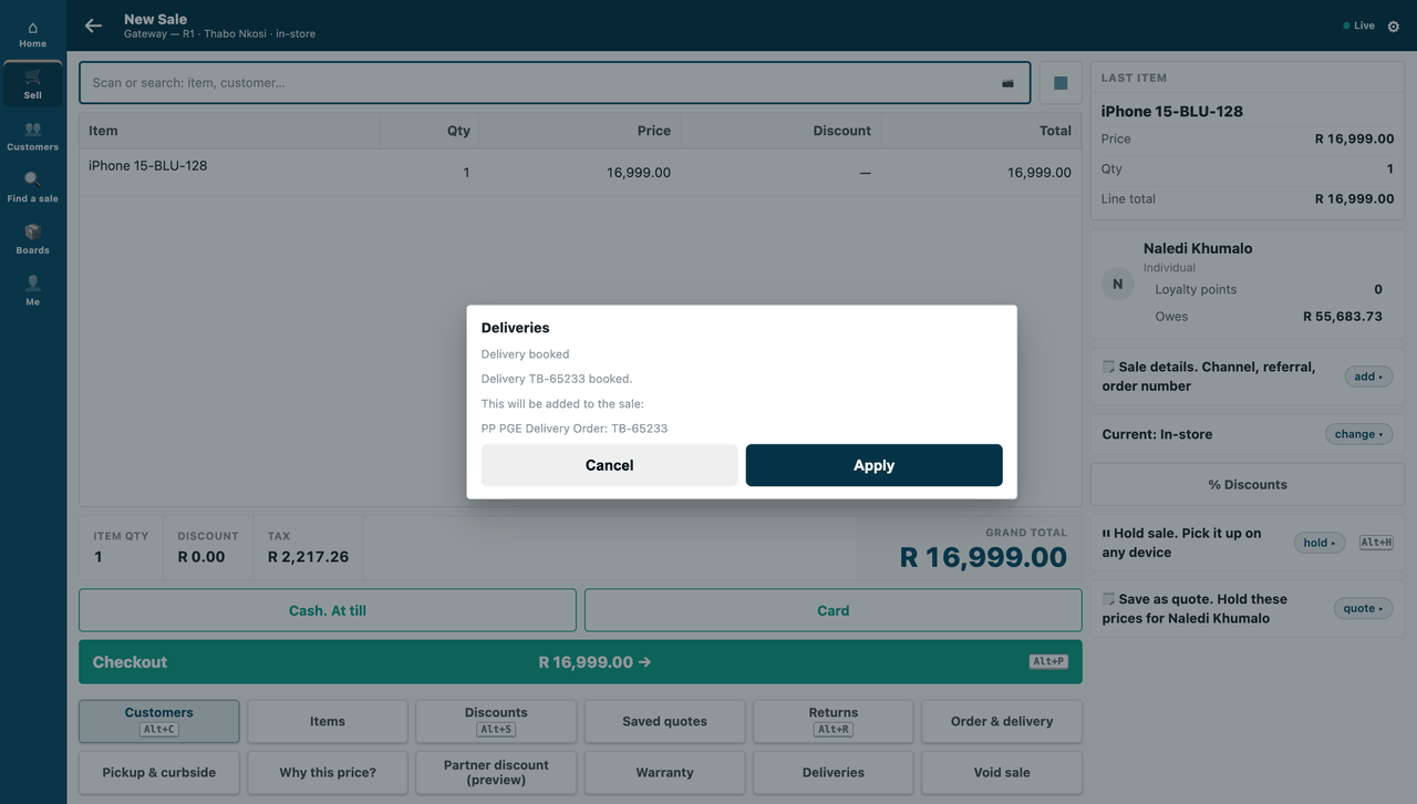 after Attach to sale, the till's confirm sheet