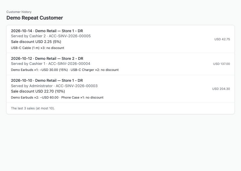 The customer history page, as a till sheet would show it