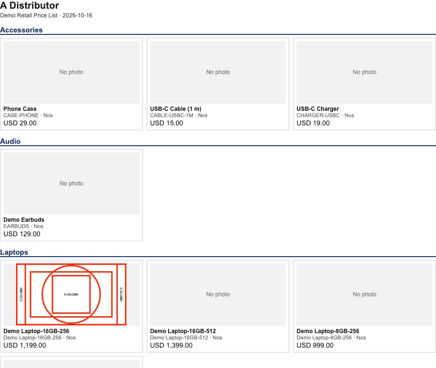 The price list page: sections, photos, a grey box where an item has none
