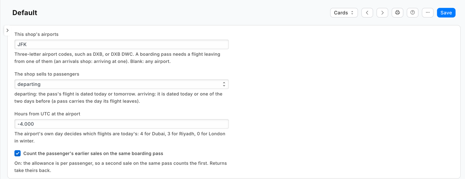 The settings record Default on a demo shop: JFK, departing, 4 hours behind UTC