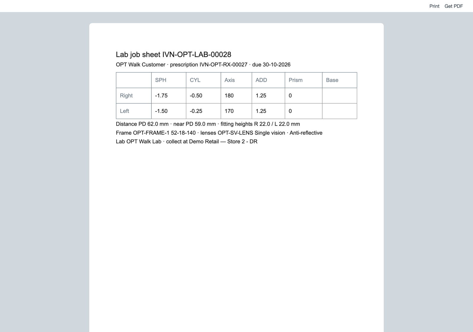 The lab order's job sheet