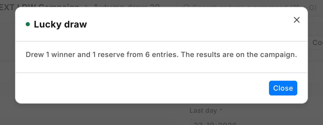 Draw winners on a demo site: one winner and one reserve from six entries