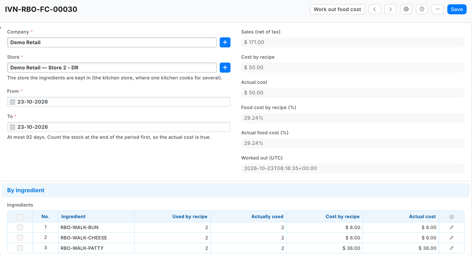 The food cost record after Work out food cost: cost by recipe and actual, against sales