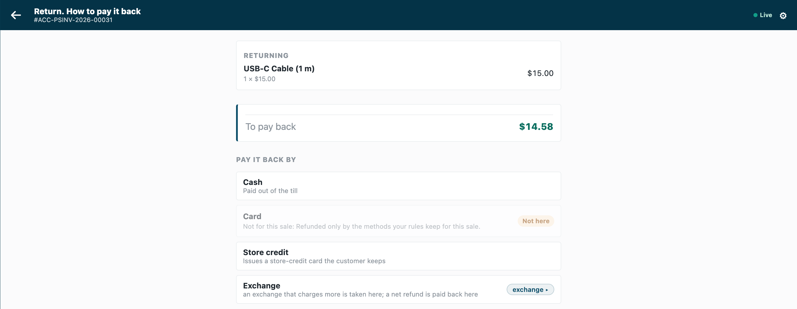 On a demo site, the refund of a cash sale: the card dimmed with the app's reason, cash and store credit offered