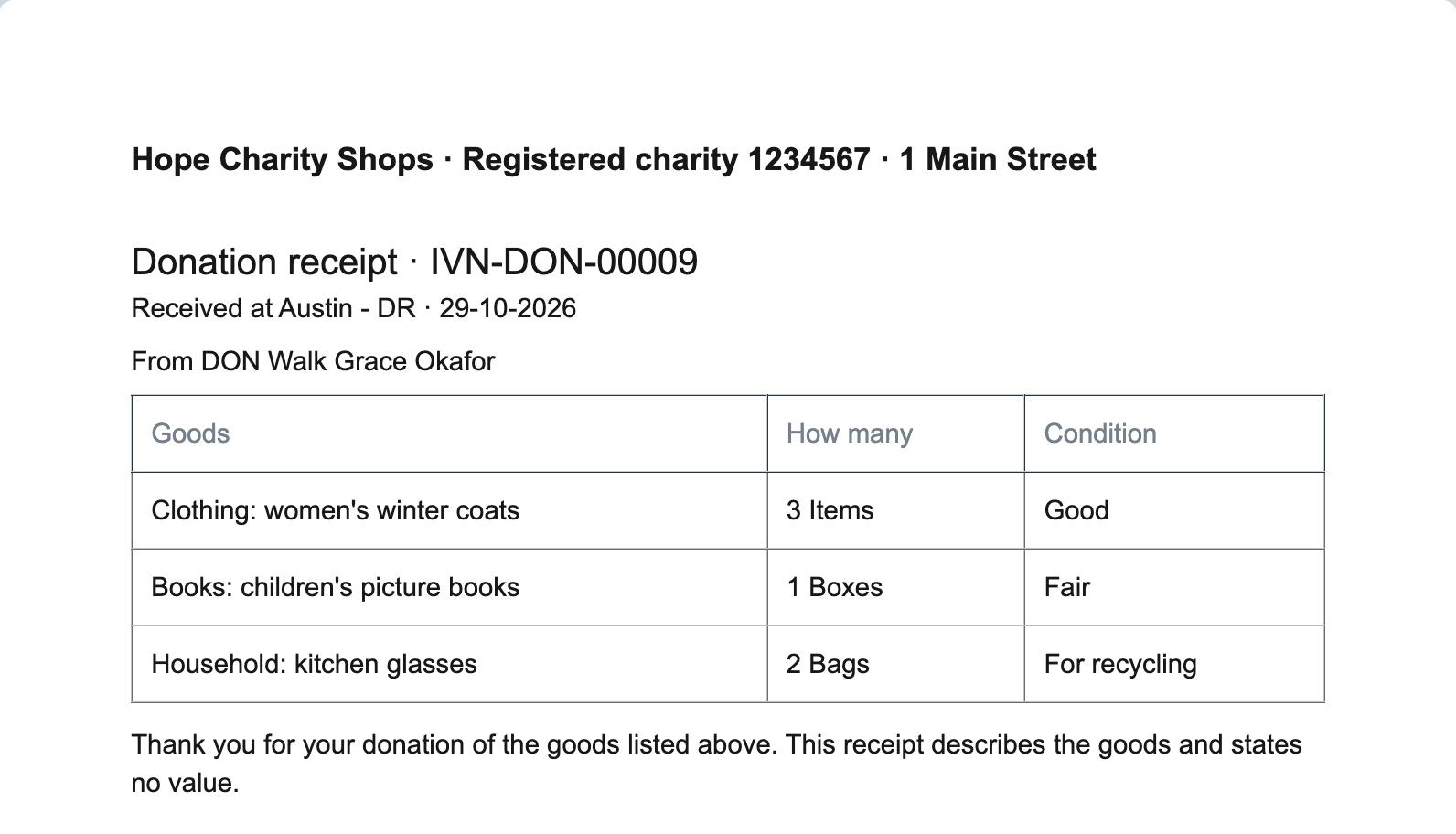The donor receipt under the store's letter head