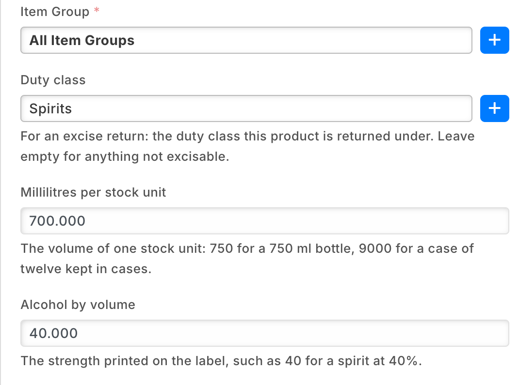A liquor item's duty class, millilitres and strength, on a demo site