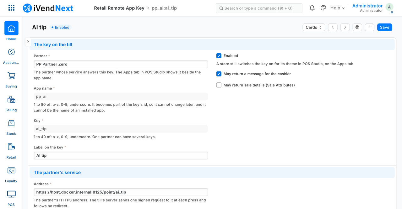 A till key's record in Desk: switched on, message only, the partner's HTTPS address